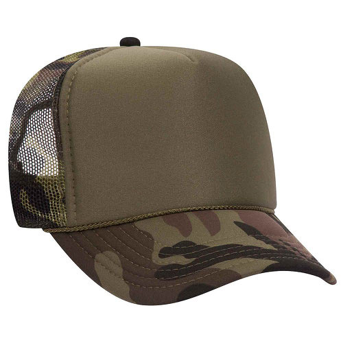 Ashen Fane Polyester Foam Front 5 Panel High Crown Mesh Back Trucker Hat, Camo Green