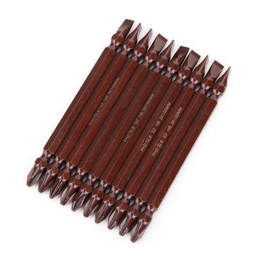 S2 H6.3 x 100MM Double Ended Bit 10PCS Screwdriving Bit Hand Tool Slotted Phillips Screwdriver Bit(Double Head S2 H6.3X100XPH2/SL6)