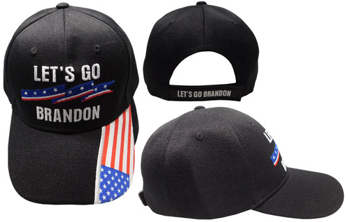 Let's Go Brandon Patriotic Ribbon USA Flag On Bill Black Acrylic Adjustable Embroidered Baseball Hat Cap