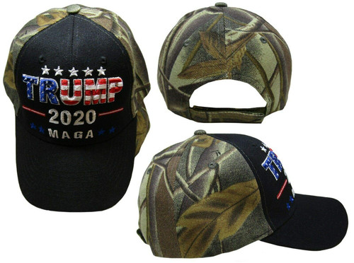 K's Novelties Trump 2020 MAGA USA Overlay Black Woodland Camouflage Camo Embroidered Hat Cap
