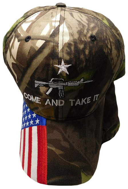 M-4 Come & Take It Cati USA Flag On Bill Embroidered Woodland Camo Cap Hat