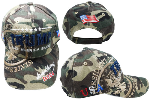 Trade Winds Trump Take America Back! USA Signature 2024 Woodland Camouflage Camo Shadow 100% Polyester Adjustable Embroidered Baseball Cap Hat, Multicolor, 7 3/4