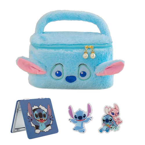 G-Ahora Cartoon Stitch Plush Cosmetic Bag with Mirror Broochs, Lilo Stitch Zipper Makeup Travel Storage Bag for Women Stitch Toiletry Bag Stitch Mirror(MMB-SDZ)