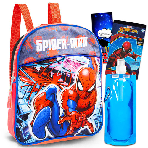 Marvel Spiderman Mini Backpack For Boys, Kids ~ 4 Pc Bundle With 11" Spiderman School Bag For Kids, Water Pouch, Stickers, And More | Spiderman Preschool Supplies