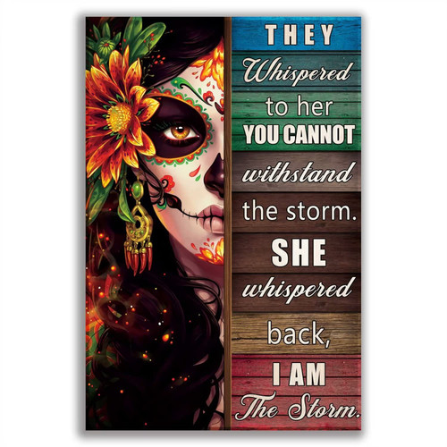 Motivational Wall Art, Inspirational Wall Art, Sugar Skull I Am The Storm Positive Affirmations Quotes Wall Art Decor, 16x24 Inch Unframed, Inspirational Motivational Positive Quotes Canvas Wall Art Decor Poster for Women Teen Girls Bedroom Office Wa