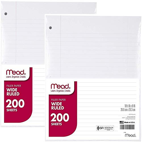 Mead Filler Paper, Loose Leaf Paper, Wide Ruled, 200 Sheets PER PACK