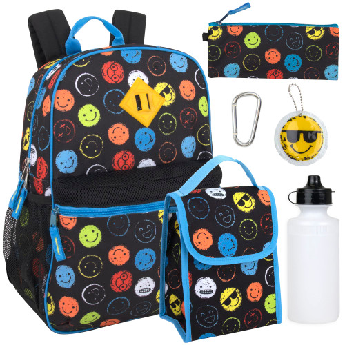 Trail maker Boy's 6 in 1 Backpack With Lunch Bag, Pencil Case, and Accessories (Silly Smileys)