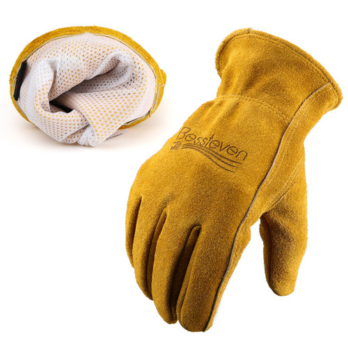 Leather Gardening Gloves for Women Men: Work Gloves with Mesh Lining Soft Breathable Ranch Farm Lawn Yard Garden Gloves Warehouse Construction Home Repair Cowhide Working Gloves Large Yellow