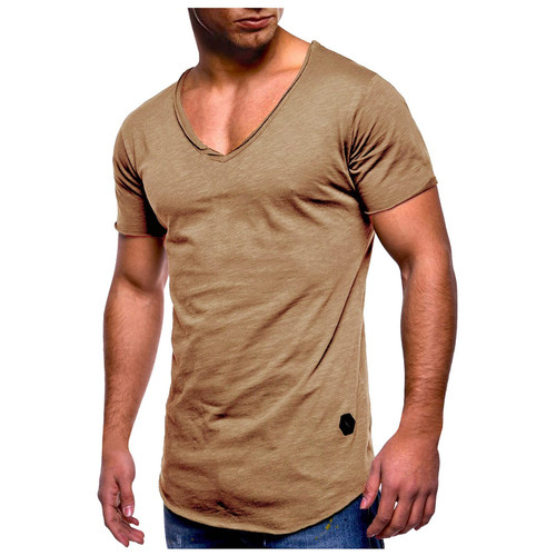 Men's Fashion T-Shirts Short Sleeve Crew Neck Casual Summer Tops Fitness Workout Muscle Basic Plain Tees Slim Fit Shirt Khaki
