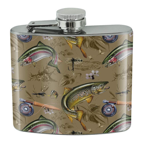 Trout Stream Fish Fly Fishing Rod Reel Stainless Steel 5oz Hip Drink Kidney Flask