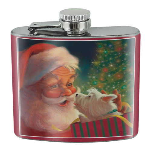 Christmas Holiday Santa Claus with Puppy Stainless Steel 5oz Hip Drink Kidney Flask