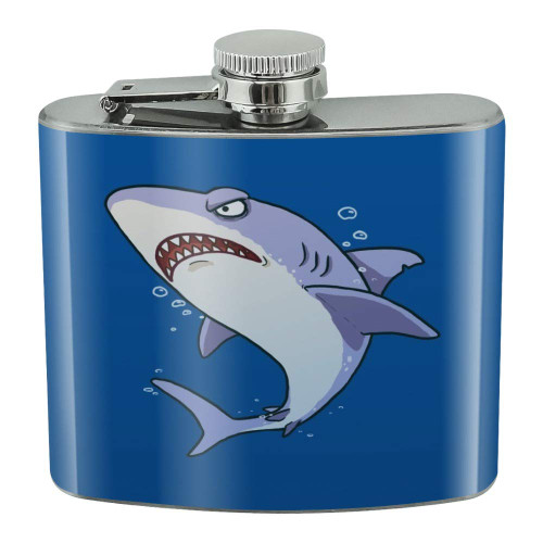 Great White Shark Cartoon in Ocean Stainless Steel 5oz Hip Drink Kidney Flask