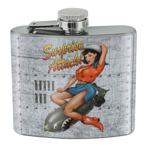 Surprise Attack Pin Up Girl Missile Stainless Steel 5oz Hip Drink Kidney Flask