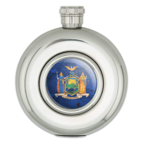 Rustic Distressed New York State Flag Round Stainless Steel 5oz Hip Drink Flask
