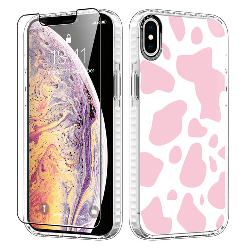 MZELQ Designed for iPhone Xs Case, Cute Pink Cow Print Clear TPU Phone Cow Cow Patterns Case + Screen Protector Compatible with iPhone X 5.8 inch Protection Case for iPhone Xs