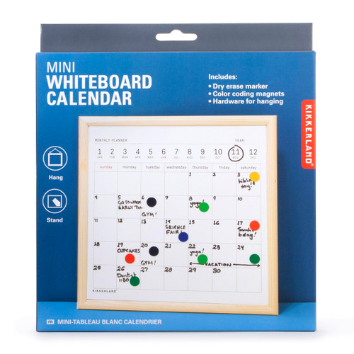 Kikkerland Mini White Dry Erase Board Calendar Black Dry Erase Marker, Small Mini White Board for Kids, Students, 8" x 8"