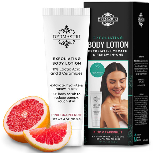 Dermasuri Exfoliating Body Lotion - Grapefruit KP Bump Eraser Body Scrub with 11% Lactic Acid, 3 Ceramides- For Keratosis Pilaris Strawberry Legs & Arm Bumps- Smooth Skin 4oz - Women's and Men's Skin Dermasuri Exfoliating Body Lotion - Grapefruit KP Bump Eraser Body Scrub with 11% Lactic Acid, 3 Ceramides- For Keratosis Pilaris Strawberry Legs & Arm Bumps- Smooth Skin 4oz - Women's and Men's Skin