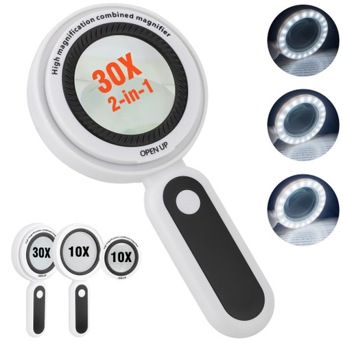 Magnifying Glass with Light, Illuminated 30X 10X Magnifier with 21 LED Light, Reading Magnifying Glass for Seniors Large, Inspection, Coins, Stamps, Map, Inspection, Macular Degeneration (White) Magnifying Glass with Light, Illuminated 30X 10X Magnifier with 21 LED Light, Reading Magnifying Glass for Seniors Large, Inspection, Coins, Stamps, Map, Inspection, Macular Degeneration (White)