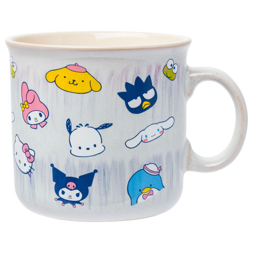 Silver Buffalo Sanrio Hello Kitty and Friends Featuring My Melody, Badtz-Maru, Pochacco, Keroppi, Pompompurin, Cinnamoroll, Kuromi, and Tuxedo Sam Reactive Glaze Ceramic Camper Mug, 20 Ounces