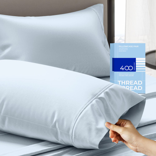 THREAD SPREAD Glee Queen/Standard Size Pillow Cases 2 Pc, Soft Smooth Cotton Pillowcases, 400 Thread Count Sateen Weave, Light Blue Pillow Covers - Perfect for Home, Hotels Hospital Use
