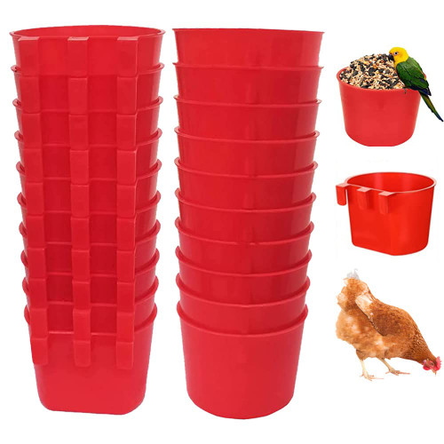 20Pcs Chickens Rabbit Feeders for Cage,Hanging Chicken Water Feeder Cup,Plastic Birds Feeders Seed Bowl,Chicken Feeder for Pigeon Gamefowl Rooster Rabbit Poultry,for Treats Grit(Red)