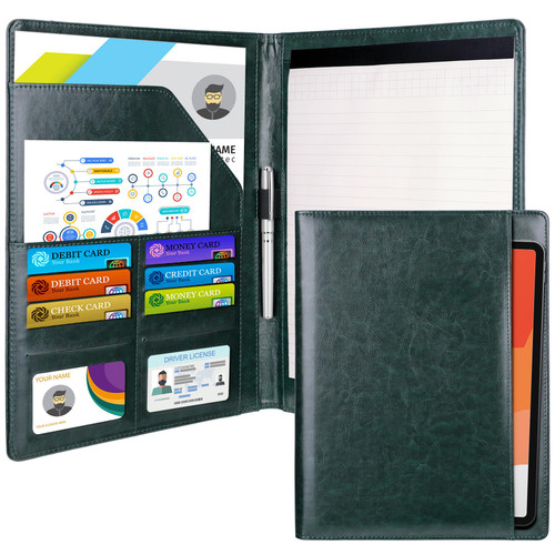 Antner Padfolio Portfolio Organizer Binder, PU Leather Interview Resume Folder Legal Document Organizer Business Card Holder Letter/A4 Size Writing Pad Work Folio for Men Women, Dark Green