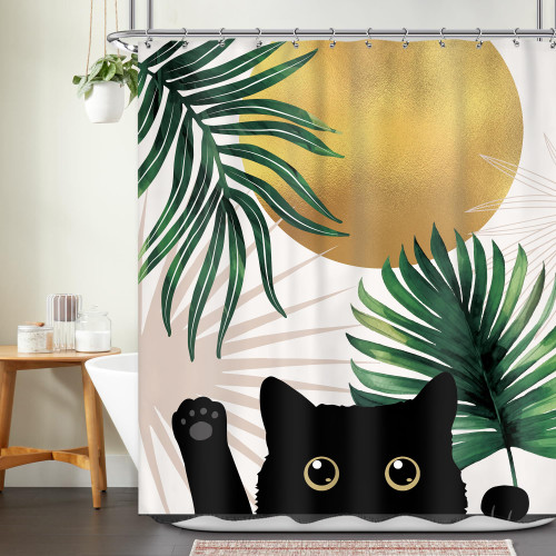 Ufeela Abstract Mid Century Cat Shower Curtain 60Wx72L Inch Boho Tropical Green Leaves Minimalist Geometric Modern Cute Plant Shower Curtain Bathroom Set Bath Curtain Bathtub Accessories Home Decor