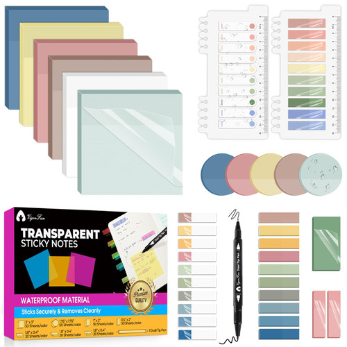 Transparent Sticky Notes, 1500 Sheets Clear Sticky Notes Pads with Pen, Waterproof Self-Stick Translucent Sticky Notes Tabs for Bible Study, Annotation Books Journaling Office School Supplies