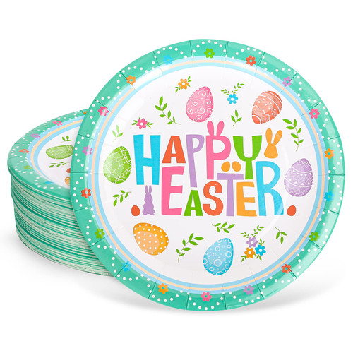 Whaline 40Pcs Happy Easter Paper Plates Easter Egg Floral Round Disposable Plates 9 Inch Colorful Easter Flower Decorative Tableware for Easter Holiday Spring Birthday Party Supplies Table Decoration