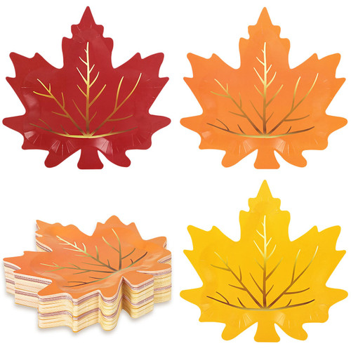 Whaline 30Pcs Fall Leaf Paper Plates Fall Disposable Plates 3 Colors Gold Foil Autumn Leaves Harvest Plates for Thanksgiving Wedding Event Holiday Dinner Tableware Supplies Decor