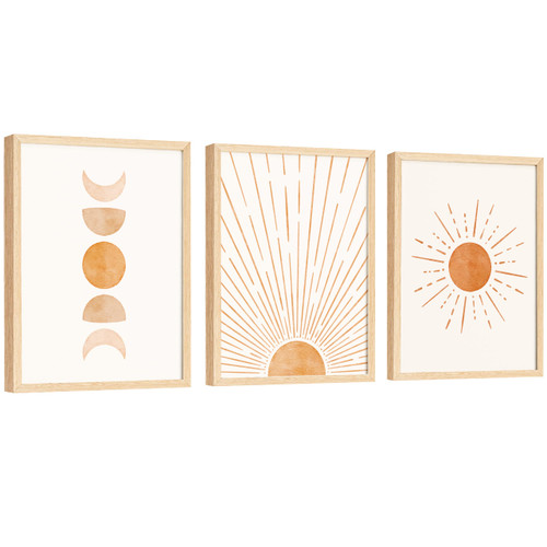 EXCOOL CLUB Boho Pictures Wall Decor - 12x16 Sun and Moon Boho Prints Wall Art, Mid Century Modern Art Print, Abstract Minimalist Artwork Bohemian Posters for Dorm Bedroom Decorations (UNFRAMED)