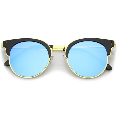 zeroUV - Modern Half Frame Round Colored Mirror Flat Lens Horn Rimmed Sunglasses 49mm (Black-Gold/Blue Mirror) zeroUV - Modern Half Frame Round Colored Mirror Flat Lens Horn Rimmed Sunglasses 49mm (Black-Gold/Blue Mirror)