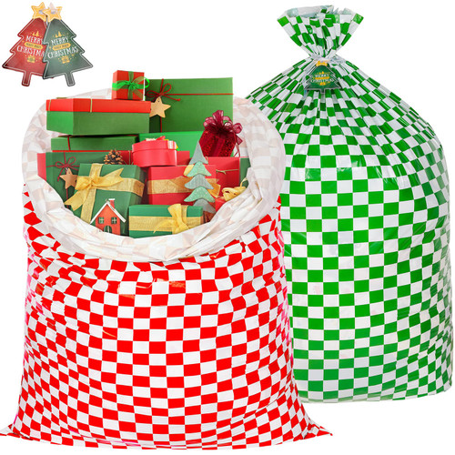 Large Christmas Gift Bags, 2pcs 56"x 36" Extra Large Gift Bags for Presents Wrap, Jumbo Christmas Bags for Gifts, Plastic Huge Big Xmas Gift Bags Reusable, Giant Santa Holiday Gift Bag with Tag & Tie