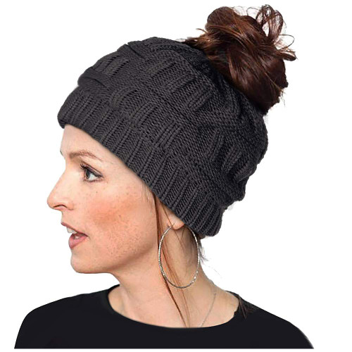 Taidor Knit Hat, Ponytail Beanie Cap Outdoor Winter Stretch Cable Bun Knit Hat Black