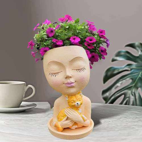 ZMURED Face Flower Pot Head Planter Pot?Cute Lady Face Hugging A Cat Plant Large Pots for Indoor and Outdoor Plants ?Resin Cactus Planter with Drainage Hole ZMURED Face Flower Pot Head Planter Pot?Cute Lady Face Hugging A Cat Plant Large Pots for Indoor and Outdoor Plants ?Resin Cactus Planter with Drainage Hole