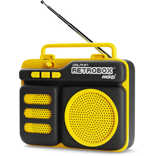 Dolphin Retrobox Mini for Jobsite, Small but Durable Bluetooth Speakers with FM Radio, Rechargeable Music Device, Up to 12 Hour Play Time, Yellow