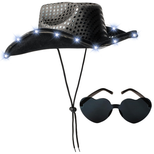Spooktacular Creations Black Sequin Light-Up Cowboy Hat with Glasses for Women Girls, LED Sparkly Space Cowgirl Hat for Party, Halloween Costume Accessory Set