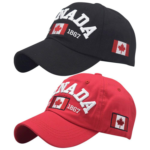 BAOZOON 2 Pcs Canada Baseball Caps Embroidered Maple Leaf Canada Baseball Hat Adjustable Canada Flag Golf Hat for Men Women(Black+Red)