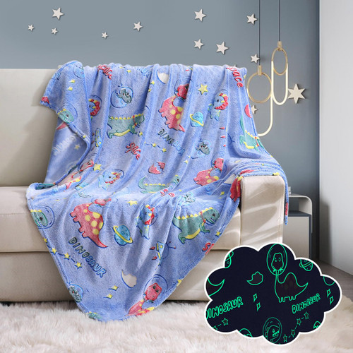 Glow in The Dark Dinosaur Blanket for Boys Throw Blanket for Kids Soft Cozy Fluffy Fleece Boys Dino Blanket Best Gift for Birthday Easter Christmas,Blue 50"x60"