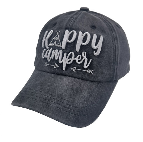 LOKIDVE 3D Embroidered Happy Camper Baseball Cap Distressed Dad Hat for Women Black
