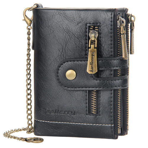 SUMGOGO Wallets for Men Bifold Leather Wallets with Chain RFID Blocking Double Zipper Coin Pocket Short Purse (Black)