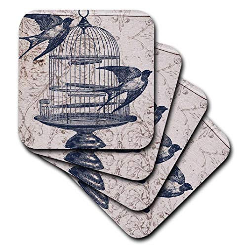 3dRose Vintage Birds with Bird Cage Steampunk Art - Ceramic Tile Coasters, Set of 4 (CST_110264_3)