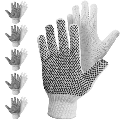 APQ White PVC Dotted Gloves, 10 Inches. 6 Pairs of String Knit Work Gloves. Unisex Cotton Work Gloves Dotted with Elastic Knit Wrists. Machine-Washable Cotton String Gloves for Garden, Warehouse