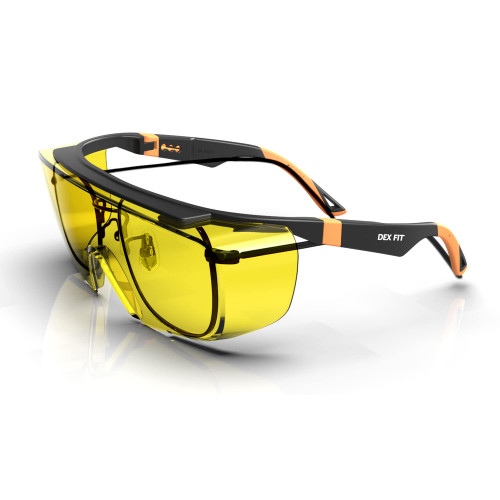 DEX FIT Safety Work Over Glasses SG210 OTG; Z87 Eye Protection for Men & Women, Fog & Scratch Resistant, Adjustable, UV & Blue Light Blocking (Black & Orange Frame, Yellow Lens)