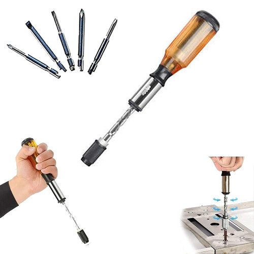 KENANLAN Push Pull Ratchet Screwdriver Adjustment Spiral Ratchet Screwdriver with 5 Replaceable Heads (Yellow)