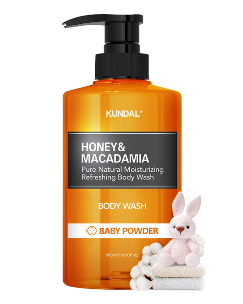 Kundal Baby Powder HONEY & MACADAMIA Natural Moisturizing Body Wash Deep Nourishment,33 Natural Extracts Blend, 10,000 ppm Honey & Macadamia, Safe for All Ages, Soft & Smooth Skin 16.9 fl.oz(500ml)