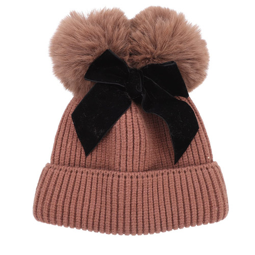 BESTOYARD 1pc Children's Knitted hat Bow Knitting Hat Bowknot Woolen Hat Warm Knitting Hat Kids Warm Hat Knitted Hat Pom Pom Knit hat with 2 pom pom Yarn Pompom Brown
