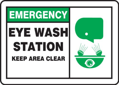 Accuform MFSD927VP Plastic Safety Sign, Legend "EMERGENCY EYE WASH STATION KEEP AREA CLEAR" with Graphic, 10" Length x 14" Width x 0.055" Thickness, Green/Black on White