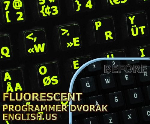 Glowing Fluorescent Programmer Dvorak - English Keyboard Stickers
