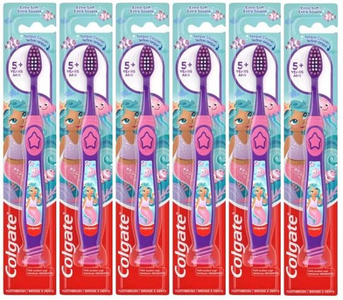 Colgate Mermaid Toothbrush with Suction Cup for Children 5+ Years Old, Extra Soft (Colors Vary) - Pack of 6